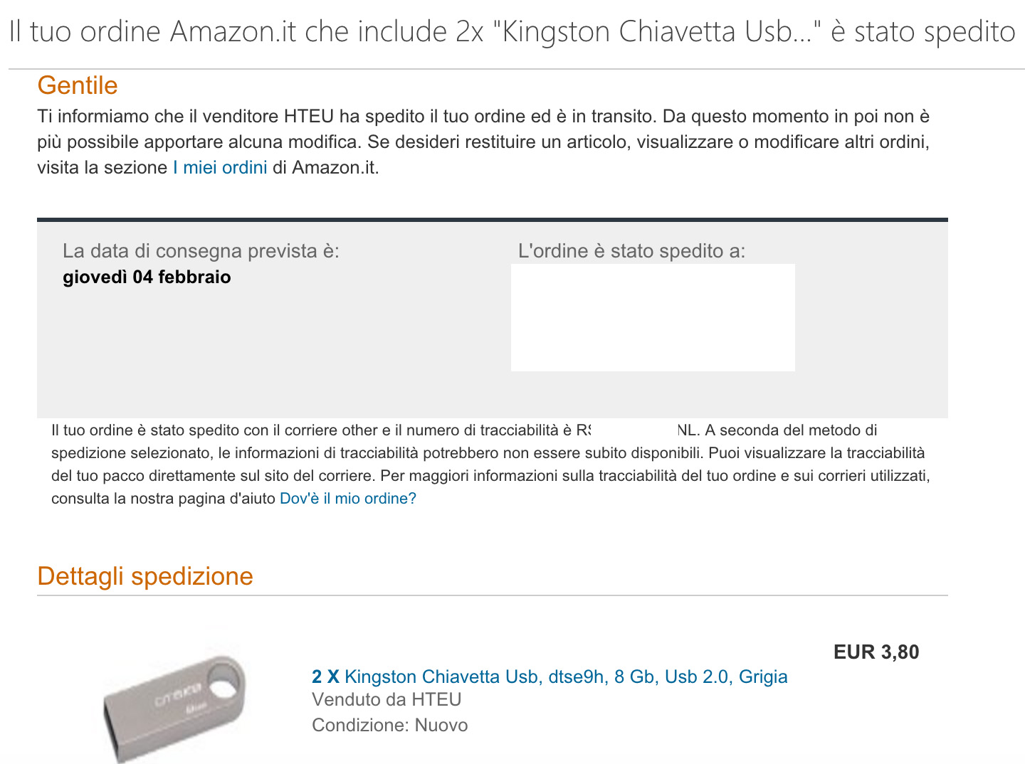 Kingston Chiavetta Usb, dtse9h, 8 Gb, Usb 2.0, Grigia a 1.90€ su Amazon