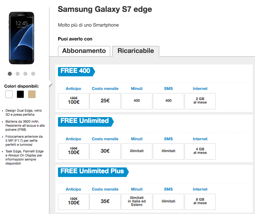 galaxy s7 edge tre free ricaricabile