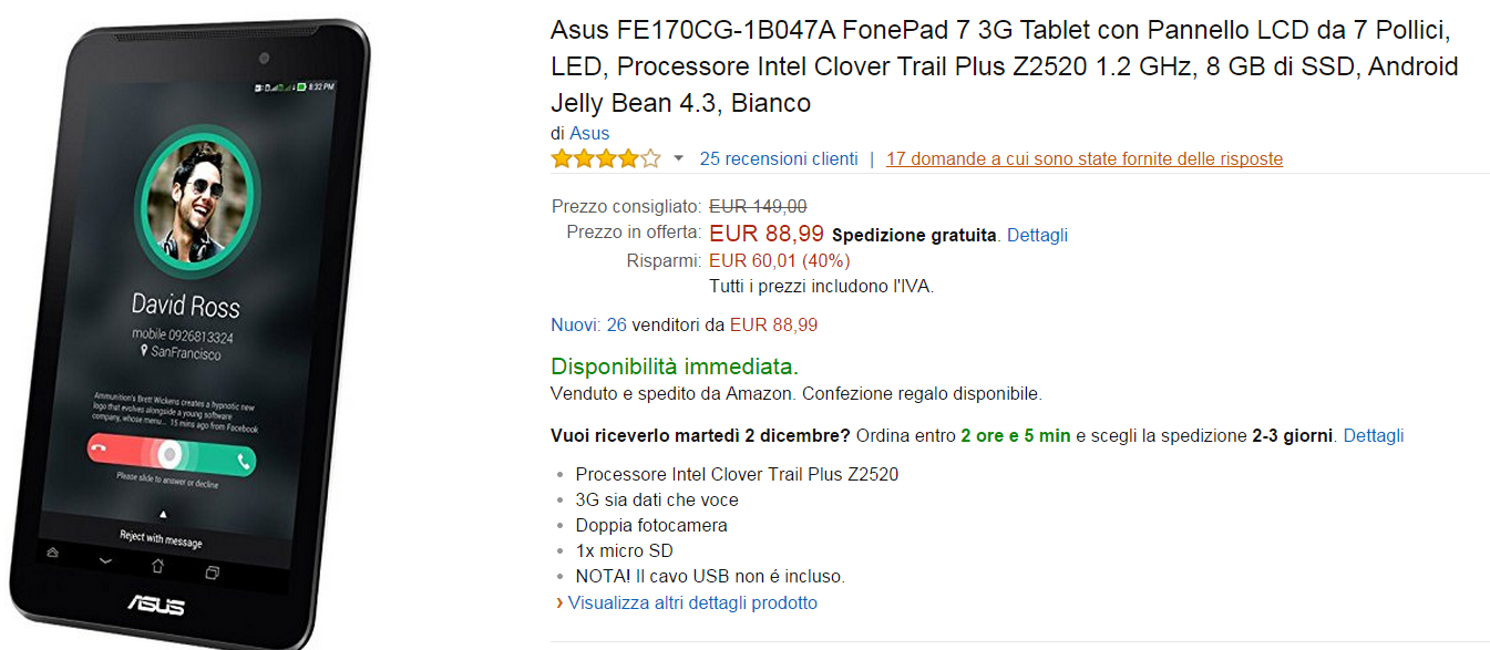 Asus FonePad 7 3G a soli 89€ su Amazon!