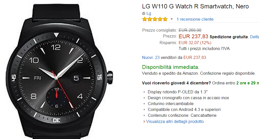 LG G Watch R a soli 238€ su amazon!