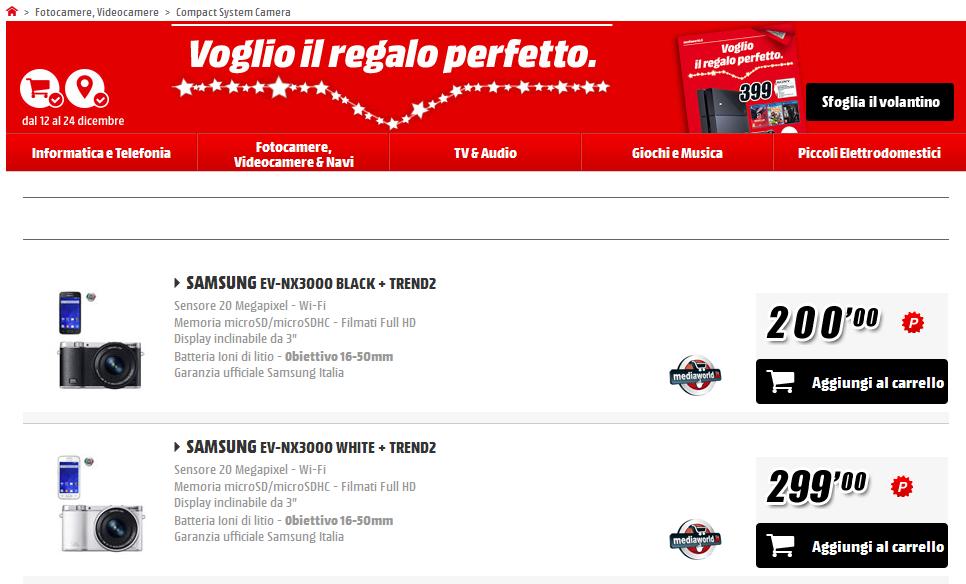 Samsung NX3000 + Galaxy Trend 2 a 200€ su MediaWorld