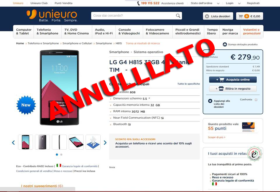 LG G4 a 279€: Unieuro annulla gli ordini