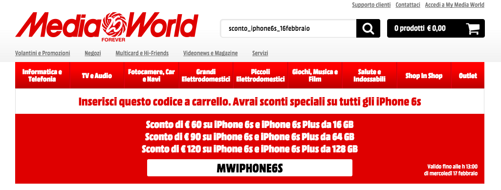Mediaworld: sconti da 60 a 120€ su iPhone 6s e 6s Plus