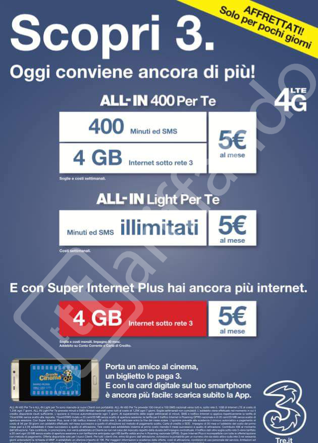 offerte tre maggio 2016 all in 400 per te all in light per te