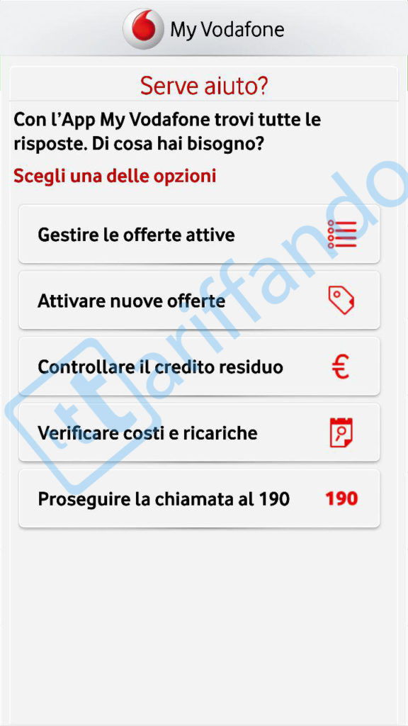 vodafone myvodafone 190 chiamata menu