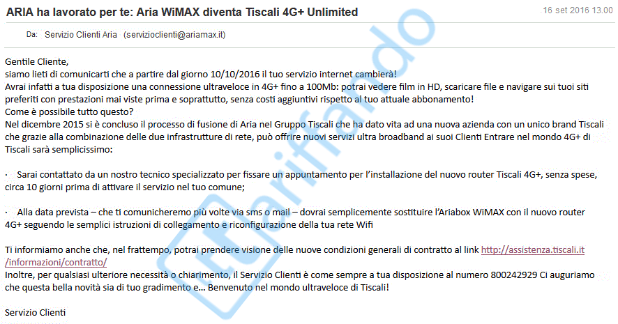 E-mail di migrazione dei clienti Aria WiMax verso Tiscali 4G+