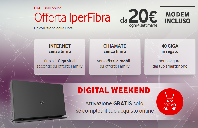 Vodafone Iperfibra: fibra, chiamate illimitate e 40GB su SIM a 20€