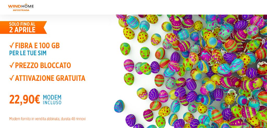 Promo di Pasqua per la Fibra Wind, 100GB su SIM, attivazione e Modem incluso a 22,90€