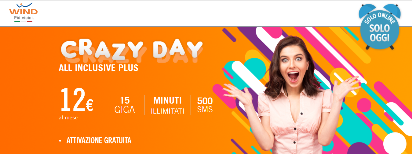 Solo per oggi Wind All Inclusive Plus: minuti illimitati, 500 SMS e 15GB a 12€