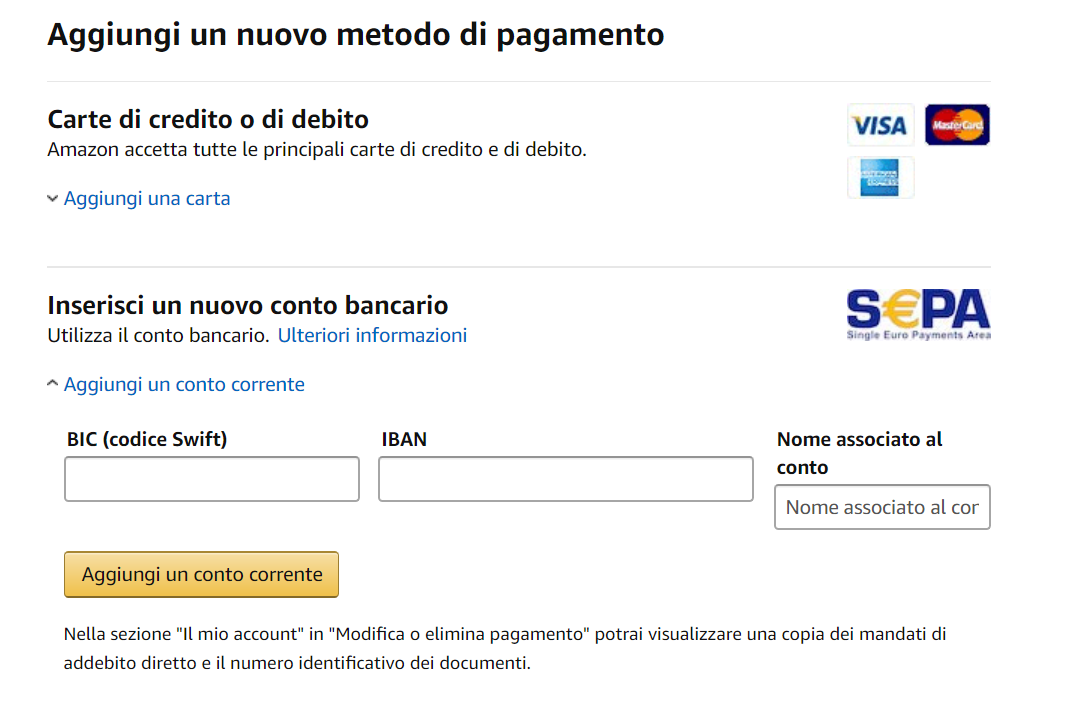amazon addebito conto corrente