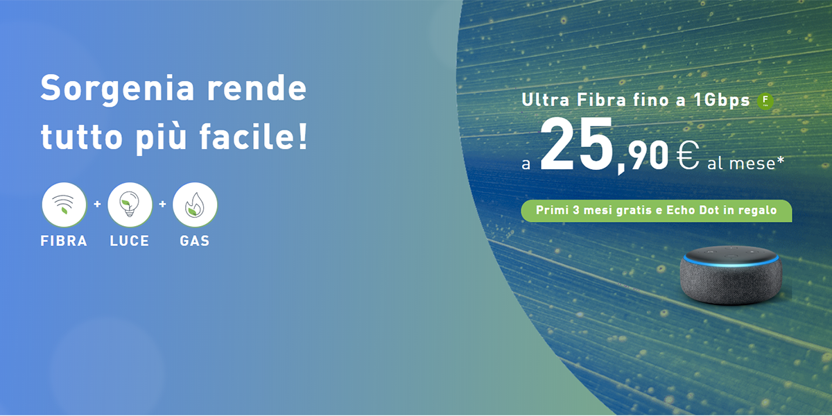 Sorgenia: Fibra FTTH a 25,90€ con 3 mesi gratis, Echo Dot in omaggio e zero vincoli!